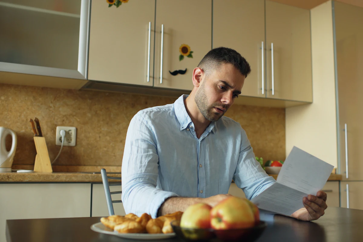 A man reading a letter at his kitchen table.